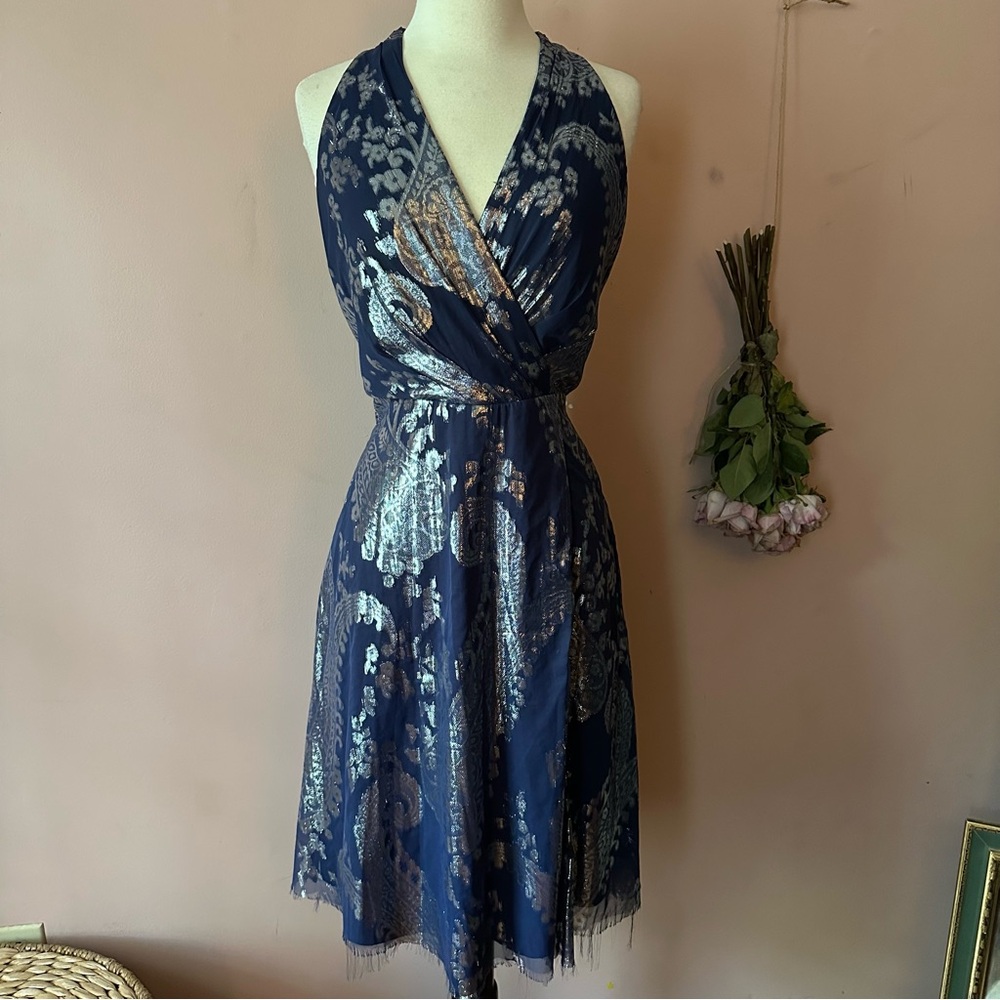 Leslie Fay Navy Blue Metallic Silver Silk Paisley Halter Cocktail Party Dress 8